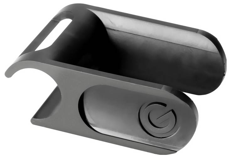 Accessoire de smartphone clip amovible noir avec pince à ressort et coussin magnétique, présenté sur fond blanc.