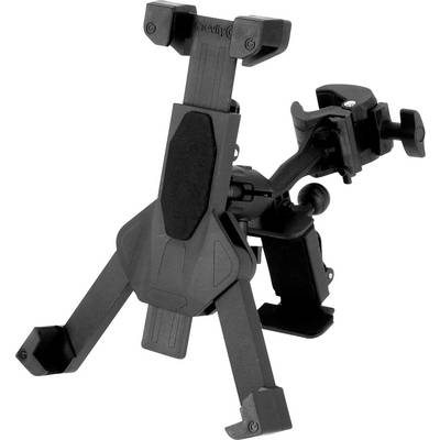 Support de téléphone ou de tablette noir ajustable avec pince et bras articulés sur fond blanc.