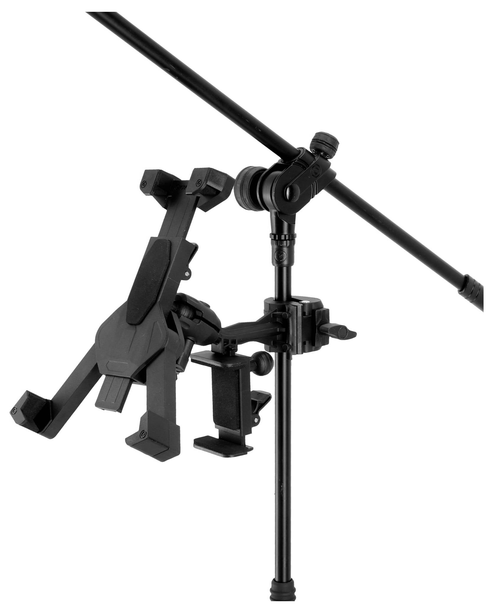 Support de style pince noir monté sur un pôle, avec une tige inclinée attachée pour supporter un appareil ou un accessoire.