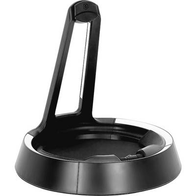 Socle de charge circulaire noir avec fente pour câble USB-C vertical pour appareil portatif ou rasoir.