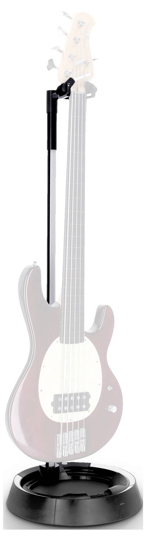 Une guitare basse électrique rouge affichée verticalement sur un support circulaire noir, avec la tête, le manche et le corps visibles.