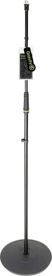 Pied de microphone noir au sol avec hauteur ajustable et base ronde lestée, montré avec une petite étiquette « Cavine » sur le support supérieur.