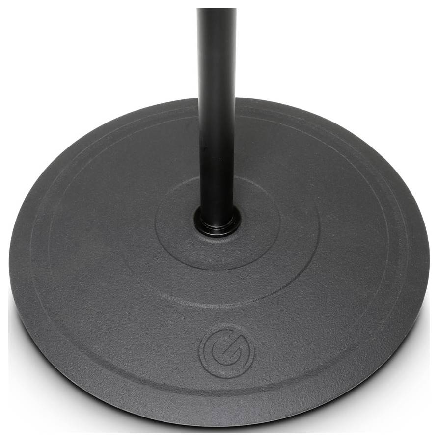 Gros plan d'une base de support métallique circulaire noire avec un pôle vertical central et une icône d'alimentation en relief.