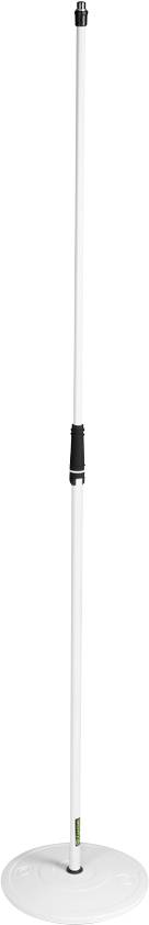 Mât télescopique blanc réglable avec base ronde lestée, présenté en position verticale sur un fond uni.