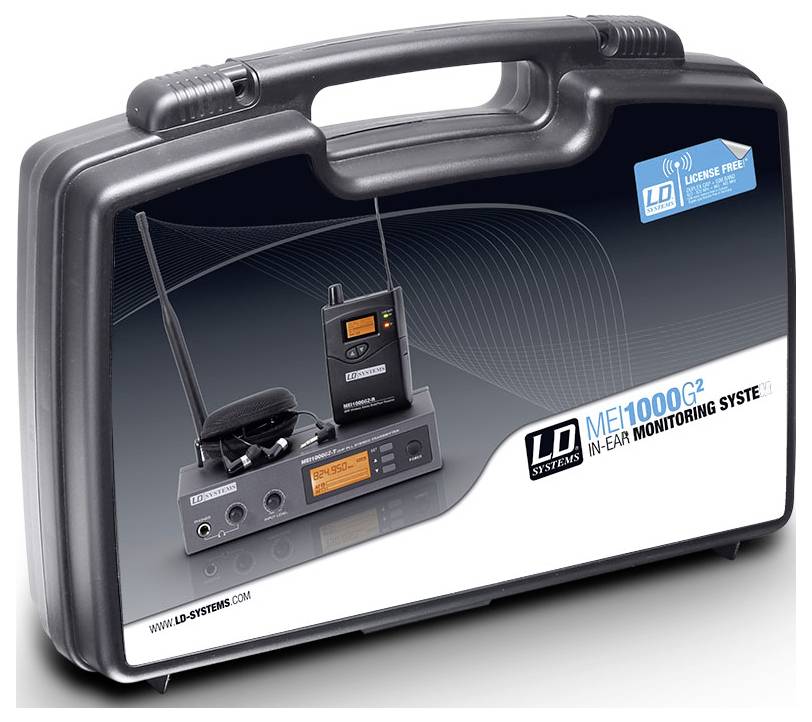 Étui de transport pour le système de monitoring en retour LD Systems MEI1000G2, montrant un récepteur de bodypack, un émetteur et des accessoires à l'intérieur.