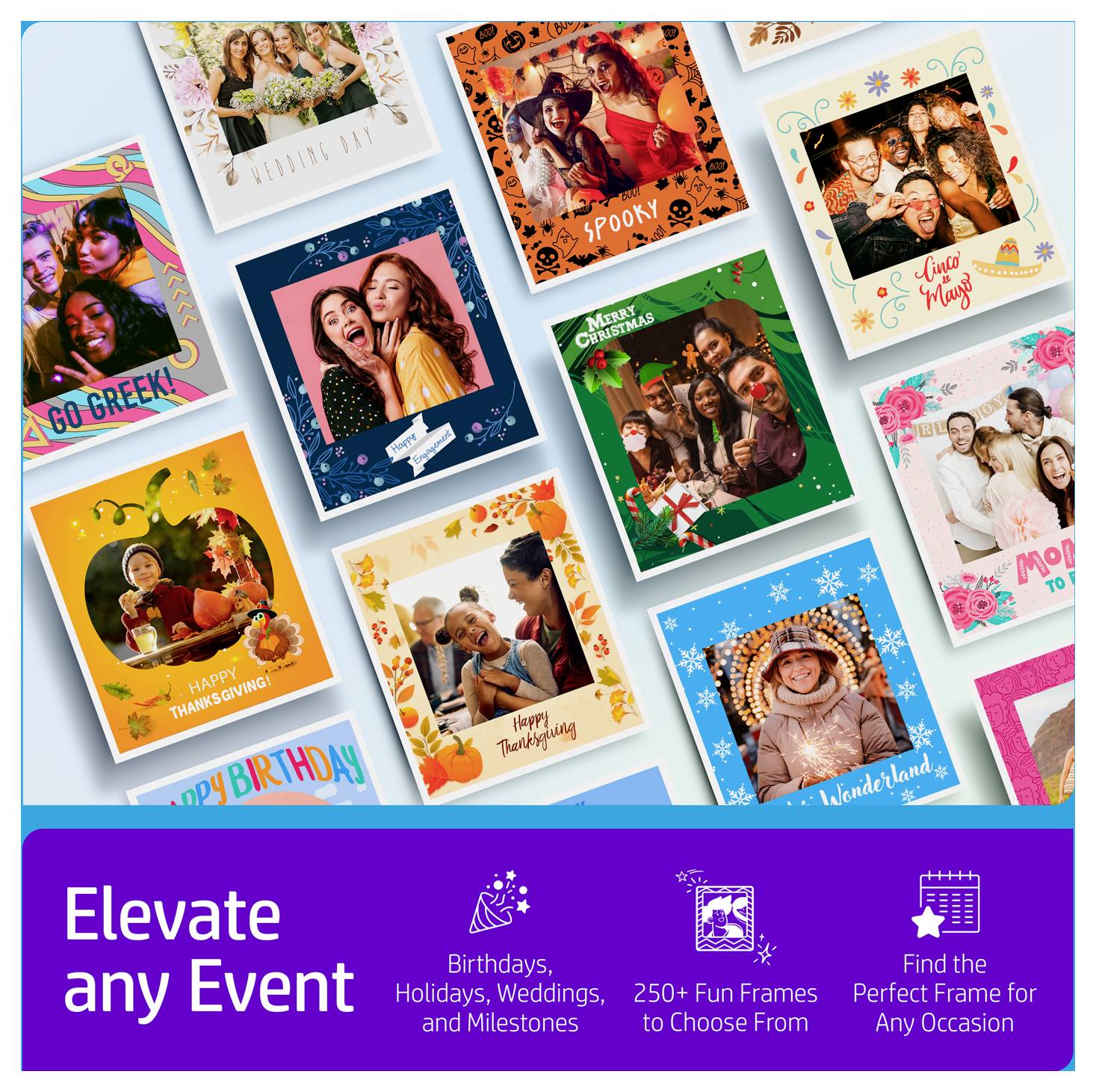 Collage de cartes photo personnalisables pour les anniversaires, les fêtes, les mariages et les événements importants, avec un texte promettant 250+ options de cadres et le cadre parfait pour toute occasion.