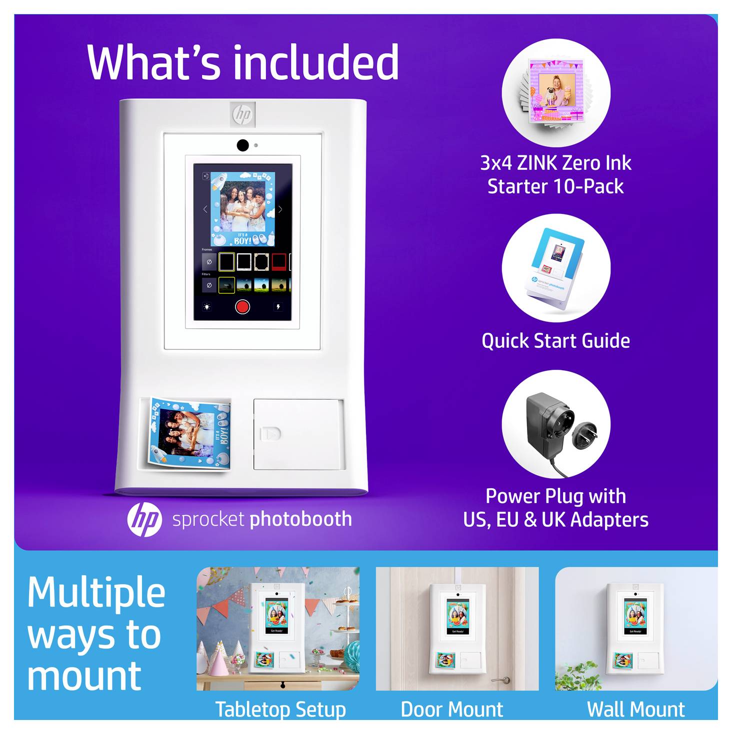 Contenu du package de la cabine photo HP Sprocket et options de montage, montrant l'appareil de la cabine, Ensemble de démarrage ZINK Zero Ink 3x4 Pack de 10, guide de démarrage rapide, adaptateur secteur, et options de montage sur table, porte ou mur.