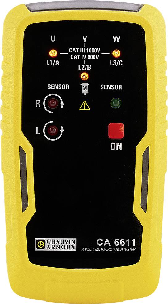 Testeur de rotation de moteur et de phase Chauvin Arnoux CA 6611 avec indicateurs d'entrée U, V, W, ports de capteur et bouton ON.