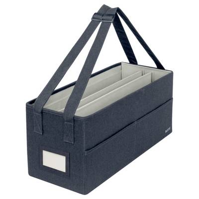 Organisateur de rangement en tissu sombre avec poignées longues et plusieurs compartiments intérieurs pour transporter ou ranger des articles.