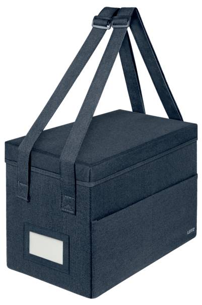 Sac isotherme de transport noir avec sangles d'épaule et une poche transparente pour étiquette sur le devant.