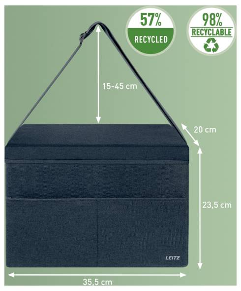 Dossier ou boîte de rangement suspendu noir avec sangle ; dimensions indiquées : 35,5 cm de largeur, 23,5 cm de hauteur, 20 cm de côté, 15-45 cm de hauteur de sangle ; étiquettes « 57% recyclé » et « 98% recyclable ».