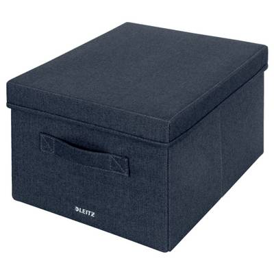 Boîte de rangement en tissu noir avec couvercle ajusté et découpe pour poignée, marquée Leitz sur le devant.