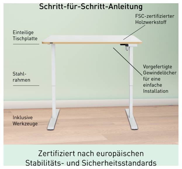 Tableau annoté montrant un plateau en bois certifié FSC d'une seule pièce, un cadre en acier et des trous préperçés pour une installation facile ; certifié conforme aux normes européennes de stabilité et de sécurité.
