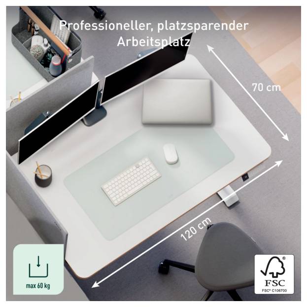 Vue de dessus d'un poste de travail compact étiqueté « Poste de travail professionnel, économe en espace », montrant les dimensions du bureau de 120 cm sur 70 cm, charge maximale de 60 kg, et certification FSC.