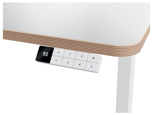 Pavé de commande sous le bureau affichant « 90 » et plusieurs boutons numérotés, des flèches et des boutons de mémoire attachés sous un plateau de table.