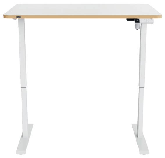 Bureau debout réglable en hauteur de couleur blanche avec un plateau en bois clair et des pieds en métal sur un fond blanc