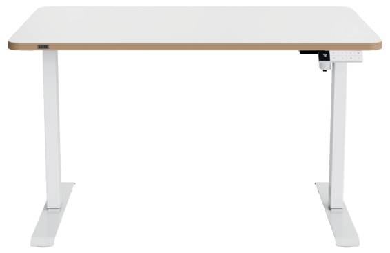 Bureau debout ajustable blanc avec plateau en bois clair et pieds en métal argenté sur fond blanc
