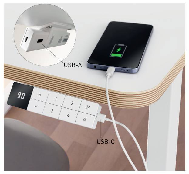 Illustration d'un téléphone se chargeant via USB-C à partir d'une source d'alimentation USB-A, avec des étiquettes montrant les ports USB-A et USB-C.
