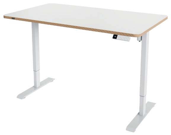 Bureau debout réglable avec plateau blanc, bord en bois et deux pieds en métal avec socles.