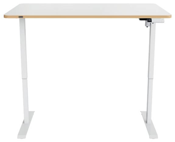 Bureau assis-debout réglable en hauteur avec pieds blancs et plateau de table en bois clair sur fond blanc.