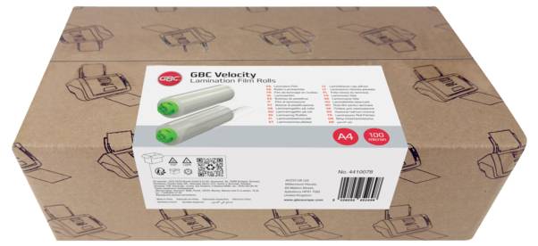 Boîte de rouleaux de film de plastification GBC Velocity, étiquetés « A4 » et « 100 », présentée sur un carton d'expédition brun.