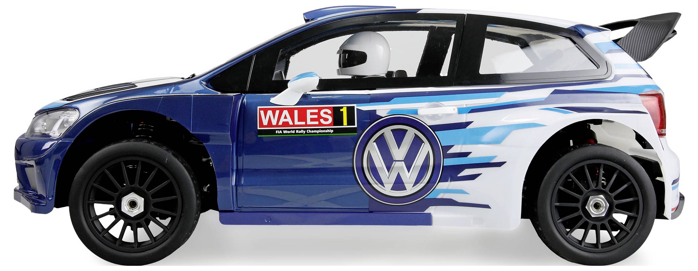 Voiture de rallye Volkswagen bleu et blanc en vue latérale, étiquetée 'WALES 1', avec des graphiques de course et un aileron arrière.