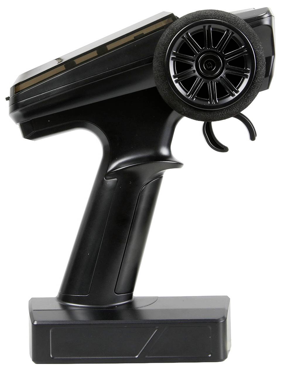 Télécommande radio portative noire avec une grande molette latérale, une poignée pistolet et une base rectangulaire sur un fond blanc.