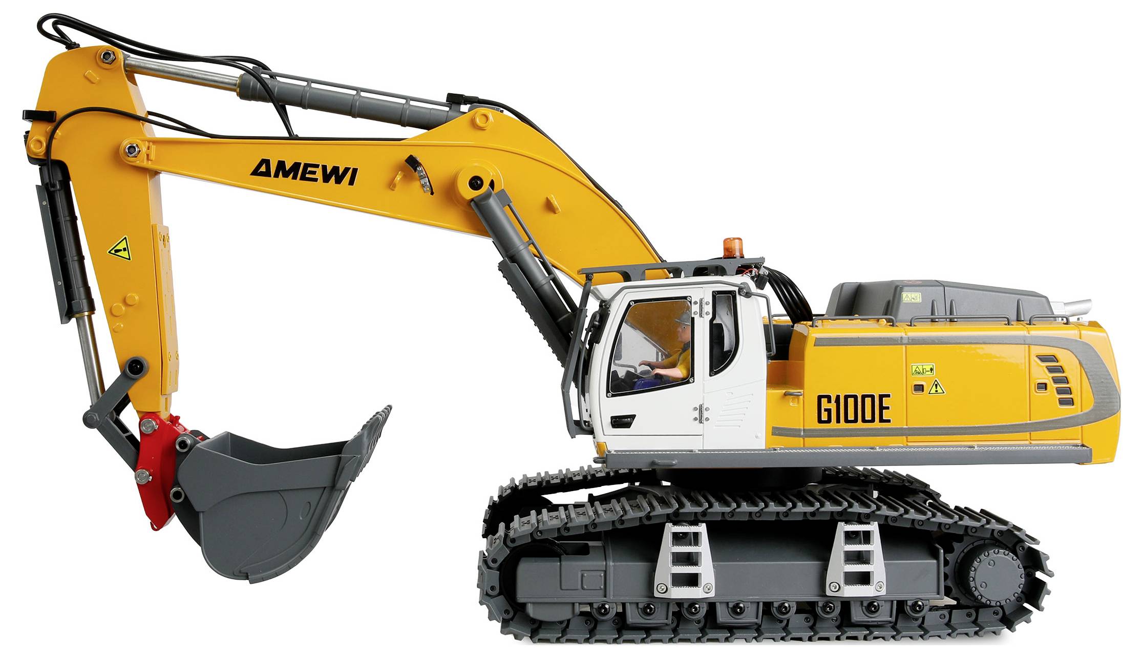 Excavatrice chenillée jaune AMEWI G100E avec godet, présentée en vue latérale sur un fond blanc.