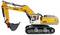 Excavatrice chenillée jaune AMEWI G100E avec godet, présentée en vue latérale sur un fond blanc.