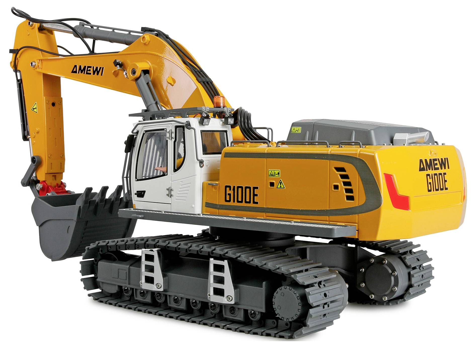 Excavatrice sur chenilles jouet Orange AMEWI G100E avec godet noir sur fond blanc