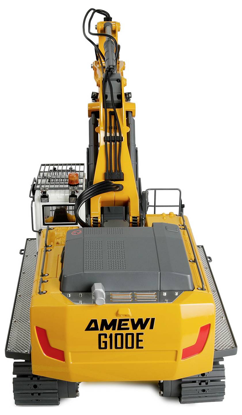 Vue arrière d'une pelle sur chenilles AMEWI G100E jaune et grise avec flèche relevée et rails de plateforme sur un fond blanc.