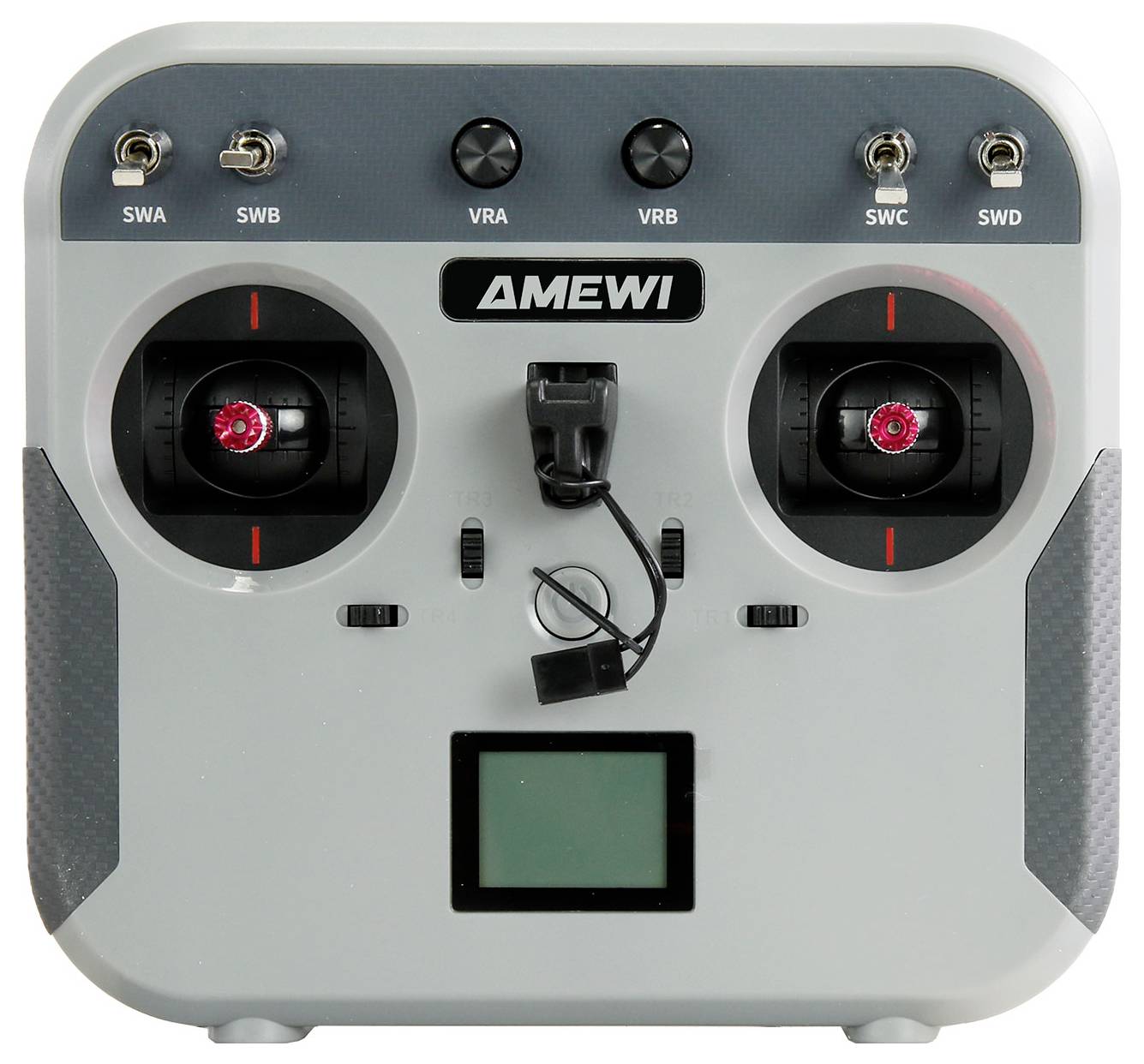 Émetteur de télécommande AMEWI avec deux manches analogiques, commutateurs, câble d'antenne et petit écran d'affichage.