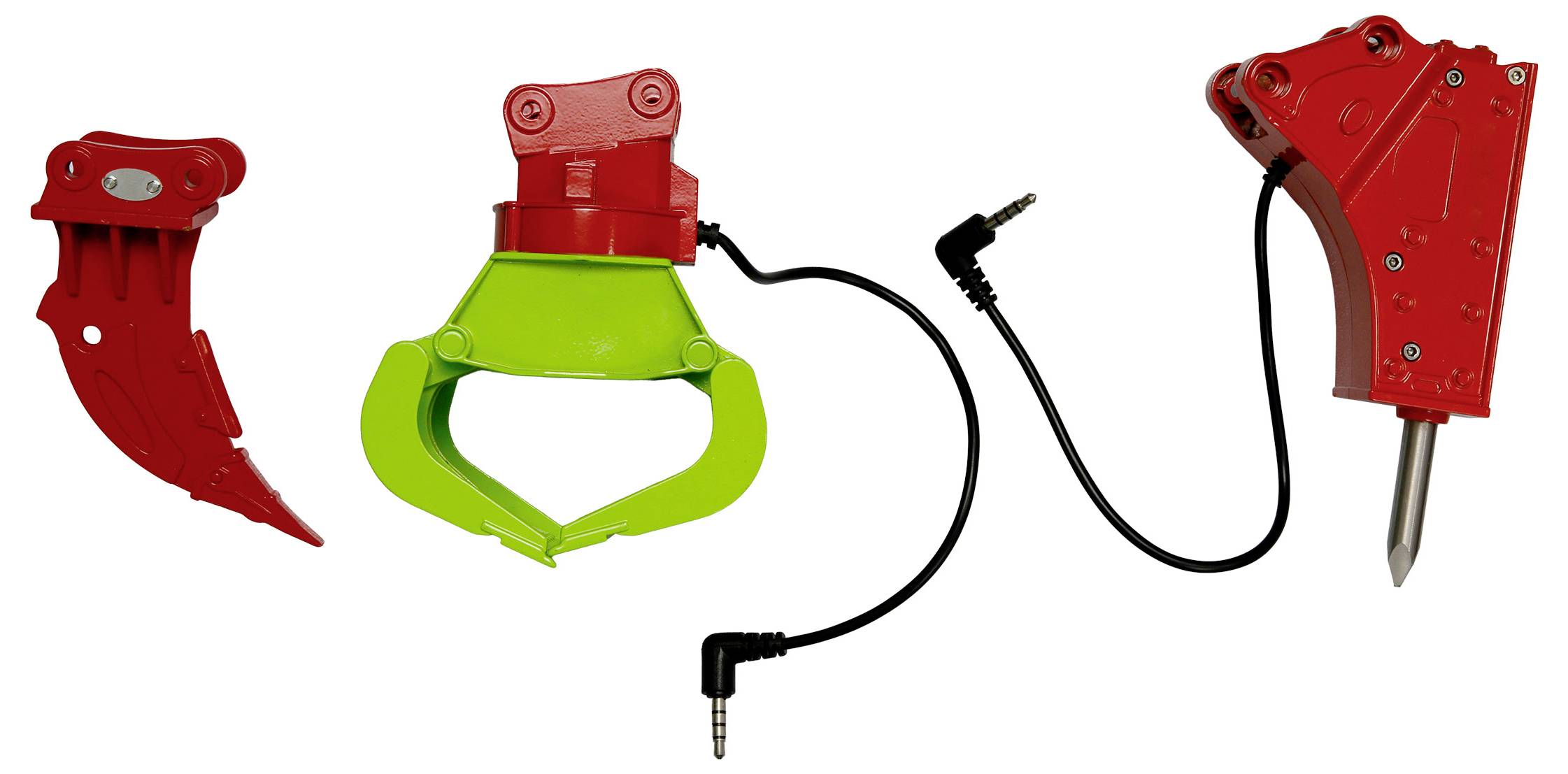 Trois accessoires d'excavatrice interchangeables : une dent de déchireur rouge, une pince de préhension verte et un marteau hydraulique rouge avec tuyau.