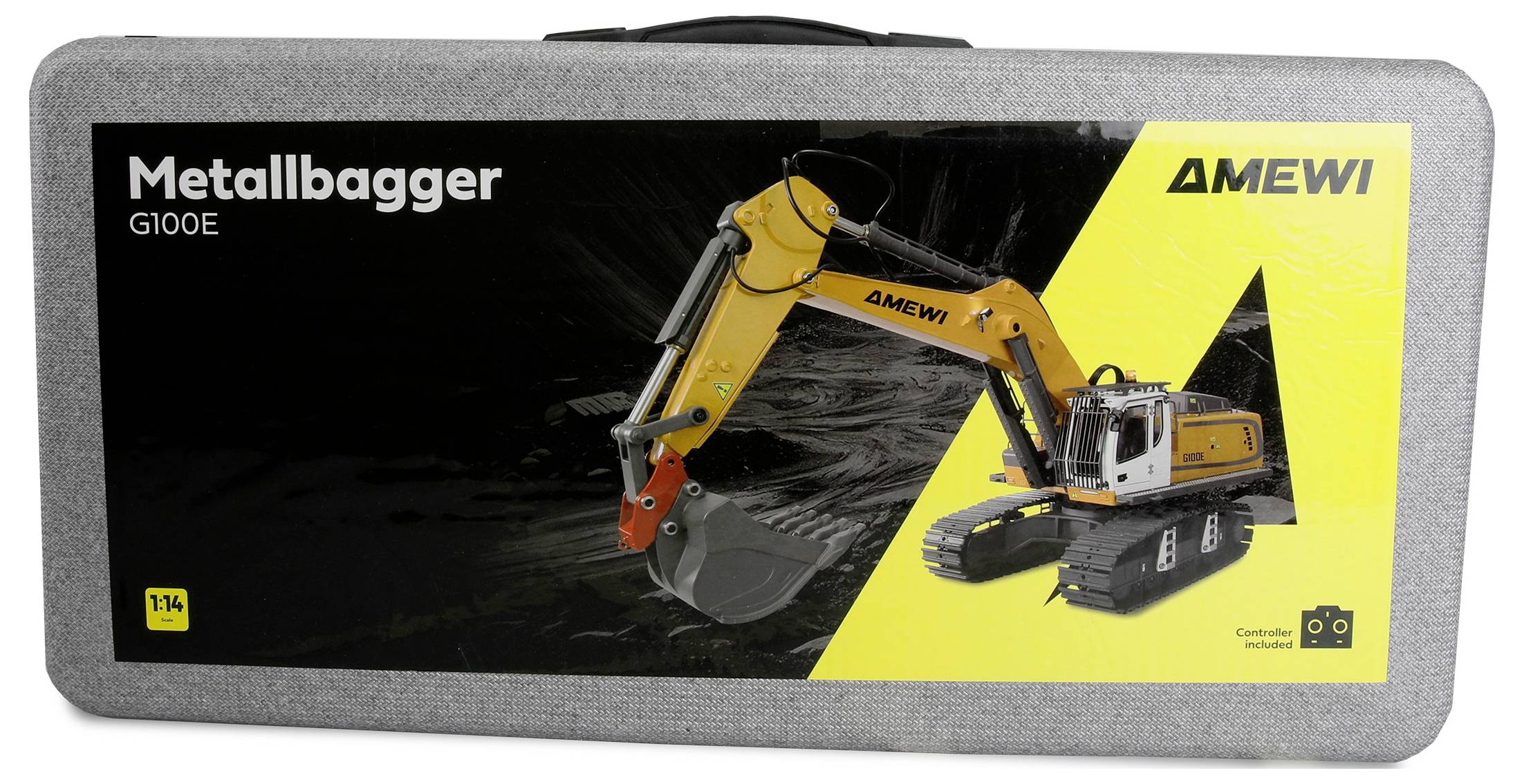 Boîte de jouet étiquetée « Metallbagger G100E » et « AMEWI », montrant une pelle hydraulique télécommandée jaune à l'intérieur d'un étui de transport gris.