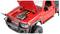 Camion de pompiers jouet RC rouge avec capot ouvert, montrant le compartiment de batterie et la calandre avant sur fond blanc.