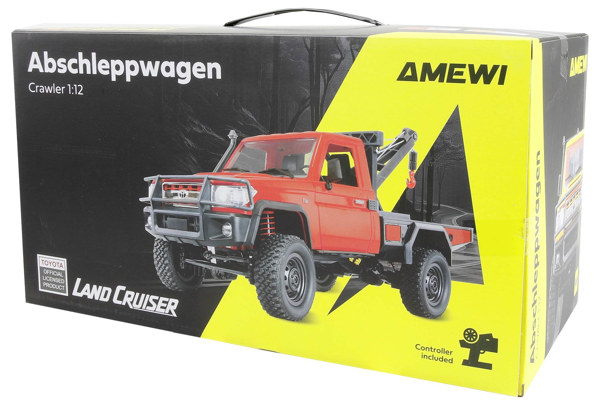 Boîte d'un crawler jouet AMEWI 1:12 « Abschleppwagen » Land Cruiser, montrant un camion de remorquage rouge sur l'emballage.