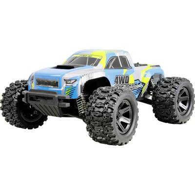 Camion RC tout-terrain bleu et jaune avec des pneus à gros crampons surdimensionnés sur fond blanc, étiqueté « 4WD » sur le côté.