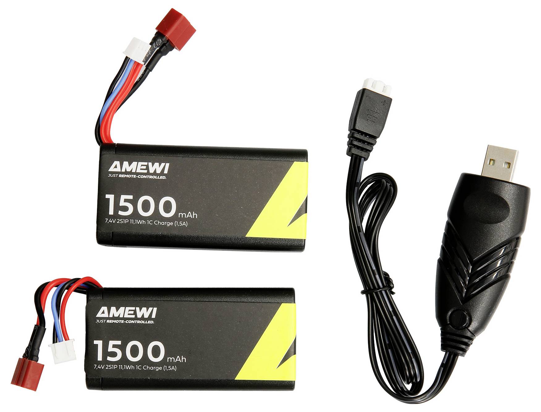 Deux batteries LiPo AMEWI de 1500 mAh 7,4 V avec connecteurs, présentées à côté d'un câble de charge USB sur un fond blanc.