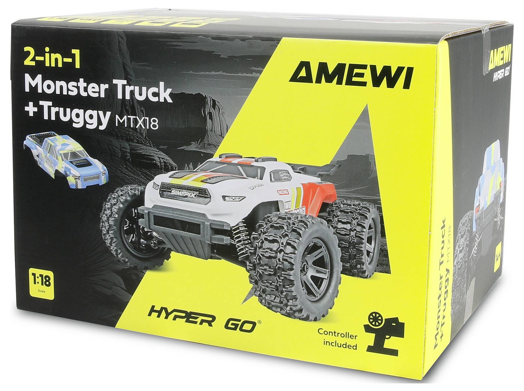 Emballage pour un camion monstrueux AMEWI 2-en-1 + Truggy RC, modèle MTX18, montrant un camion tout-terrain blanc et une télécommande incluse.