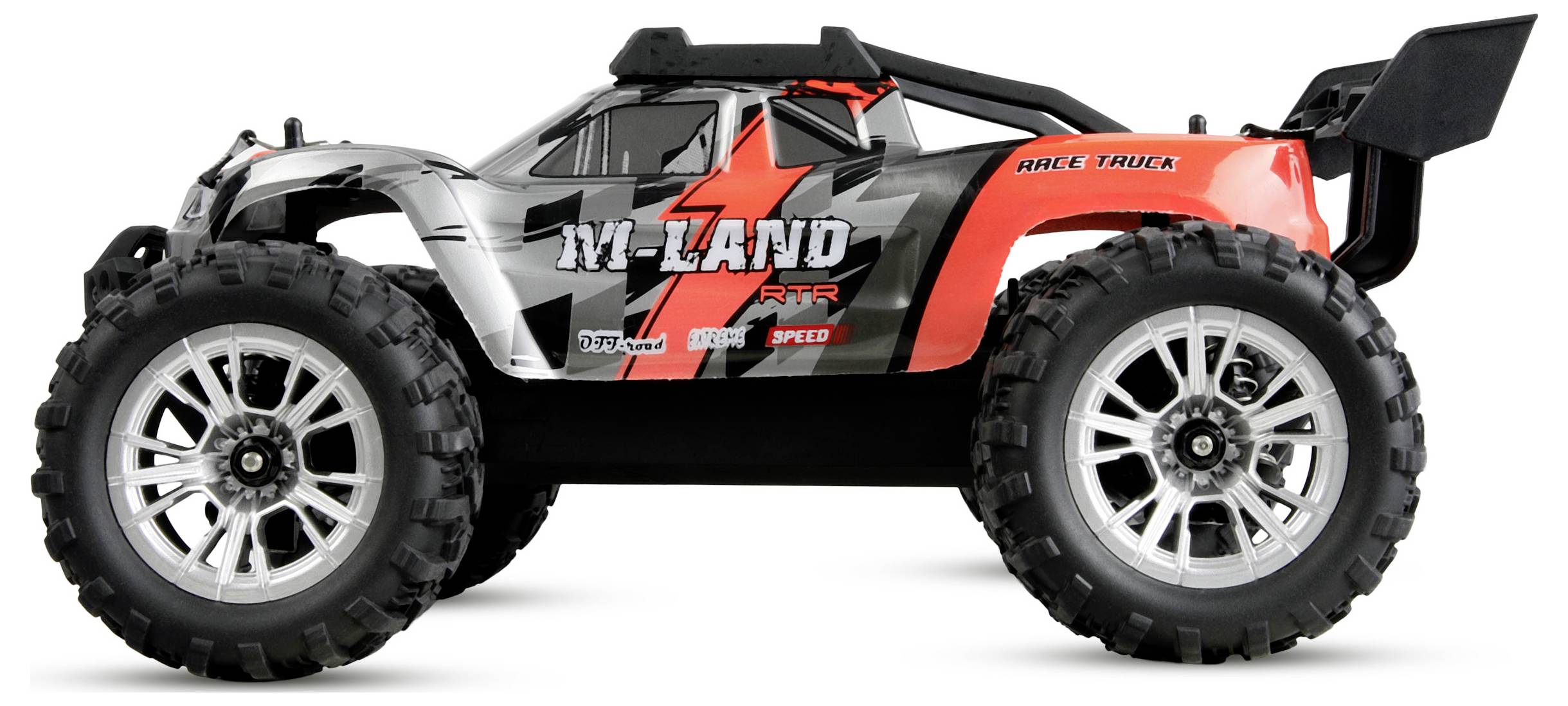 Camion RC tout-terrain noir, blanc et rouge avec des pneus surdimensionnés et un aileron arrière, montré en vue de profil sur un fond blanc.