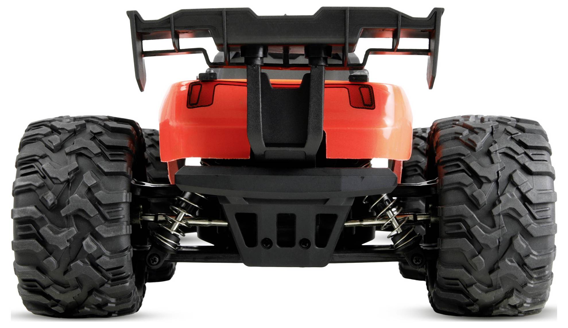 Vue de face d'un camion RC tout-terrain rouge et noir avec des pneus à crampons surdimensionnés et un grand aileron arrière sur fond blanc.