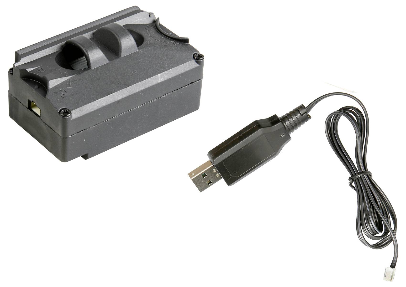 Chargeur de batterie noir et un câble d'alimentation USB avec prise, présentés sur un fond blanc.