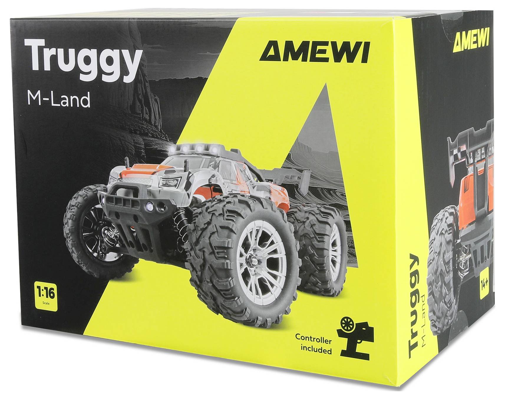 Boîte pour un camion tout-terrain télécommandé AMEWI Truggy M-Land, montrant un emballage noir et jaune avec une grande image de camion et une icône « Contrôleur inclus ».