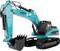 Un excavatrice miniature AMEWI chenillée turquoise avec un godet de creusage noir, présentée en vue de profil sur un fond blanc.