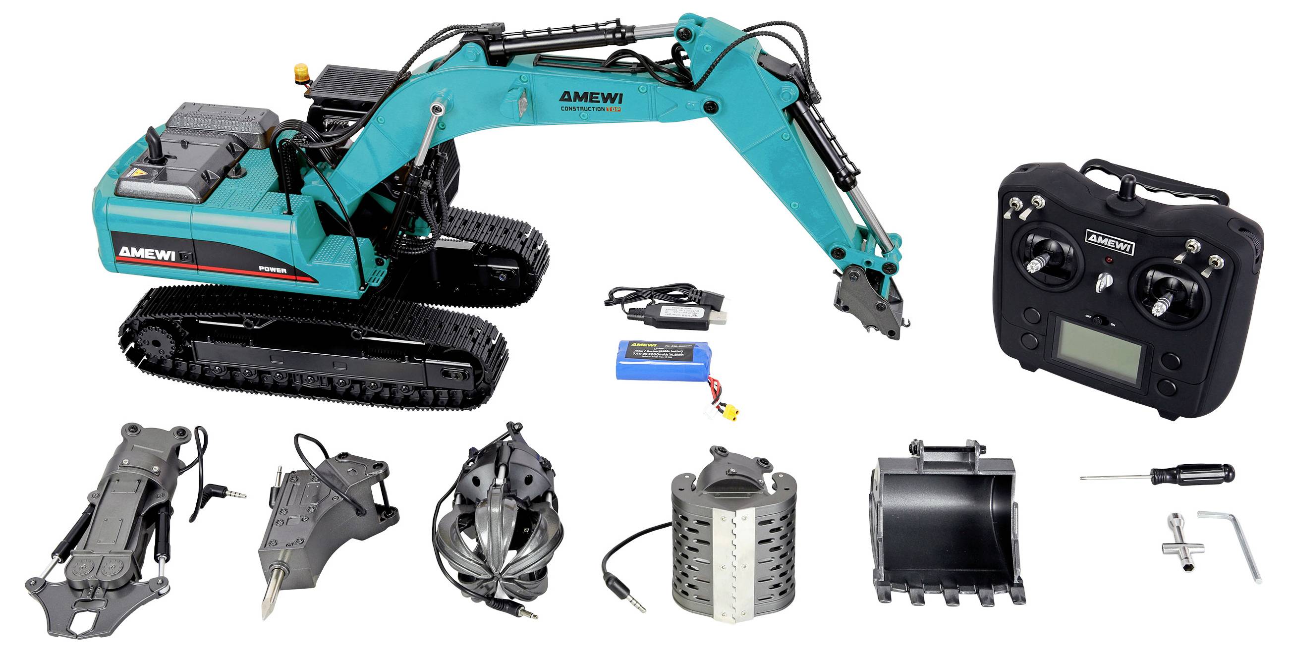Kit de pelleteuse télécommandée AMEWI présenté avec contrôleur et accessoires/outils interchangeables sur un fond blanc.