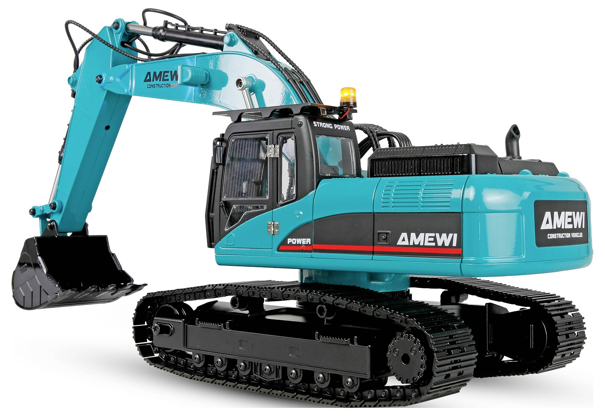 Excavatrice sur chenilles turquoise AMEWI avec bras porte-godet et balise ambre sur fond blanc.