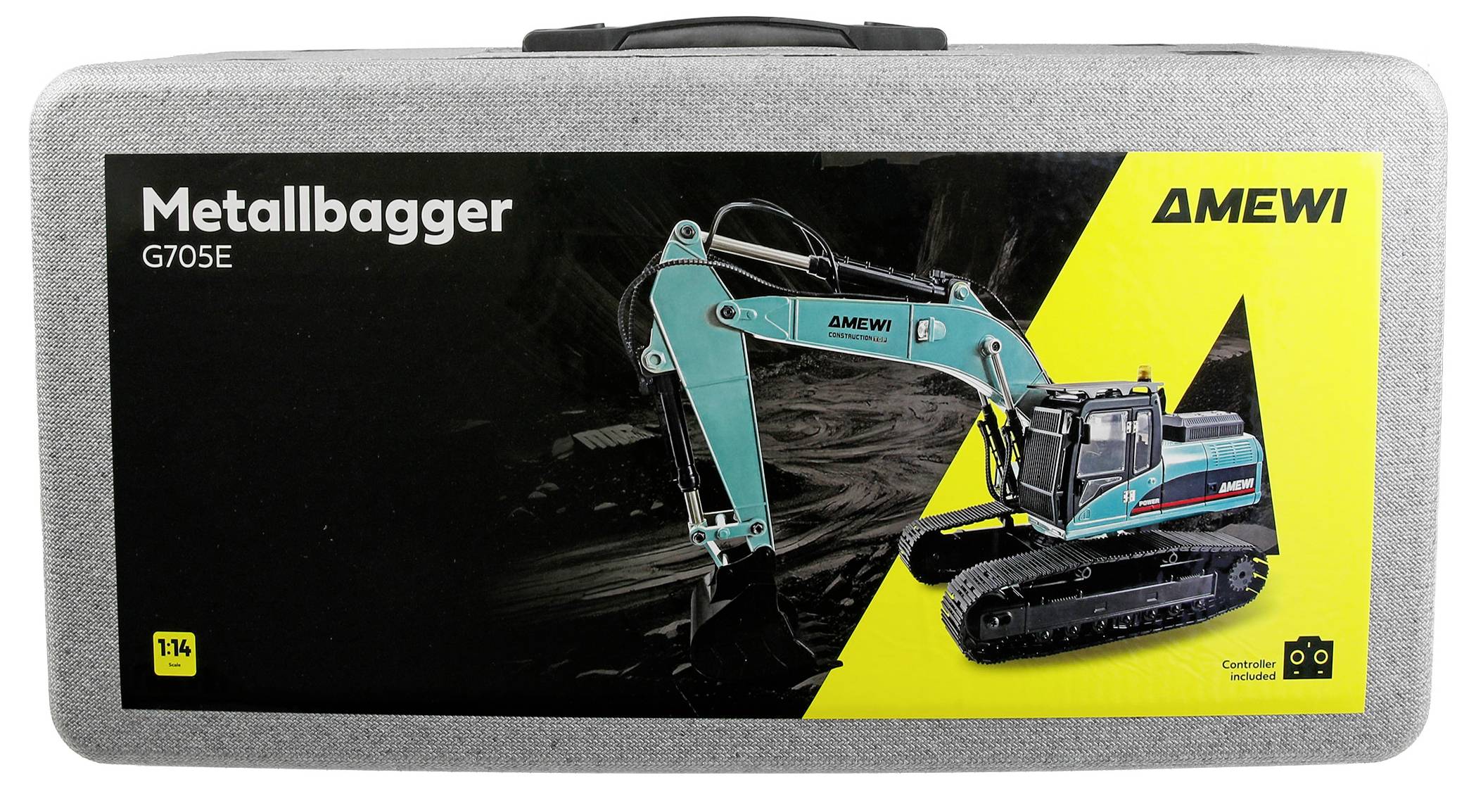 Boîte pour pelle télécommandée AMEWI Metallbagger G705E, montrant une pelle à chenilles de couleur bleu-vert sur un emballage noir et jaune.