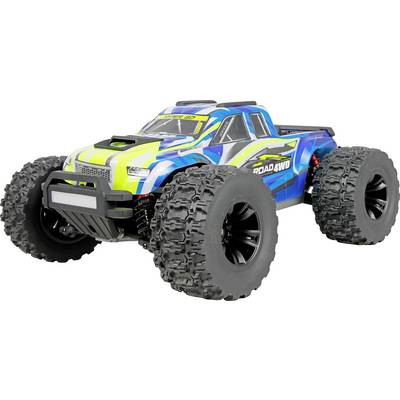 Camion RC tout-terrain bleu et jaune avec des pneus robustes surdimensionnés, présenté sur un fond blanc.
