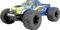 Camion RC tout-terrain bleu et jaune avec des pneus robustes surdimensionnés, présenté sur un fond blanc.