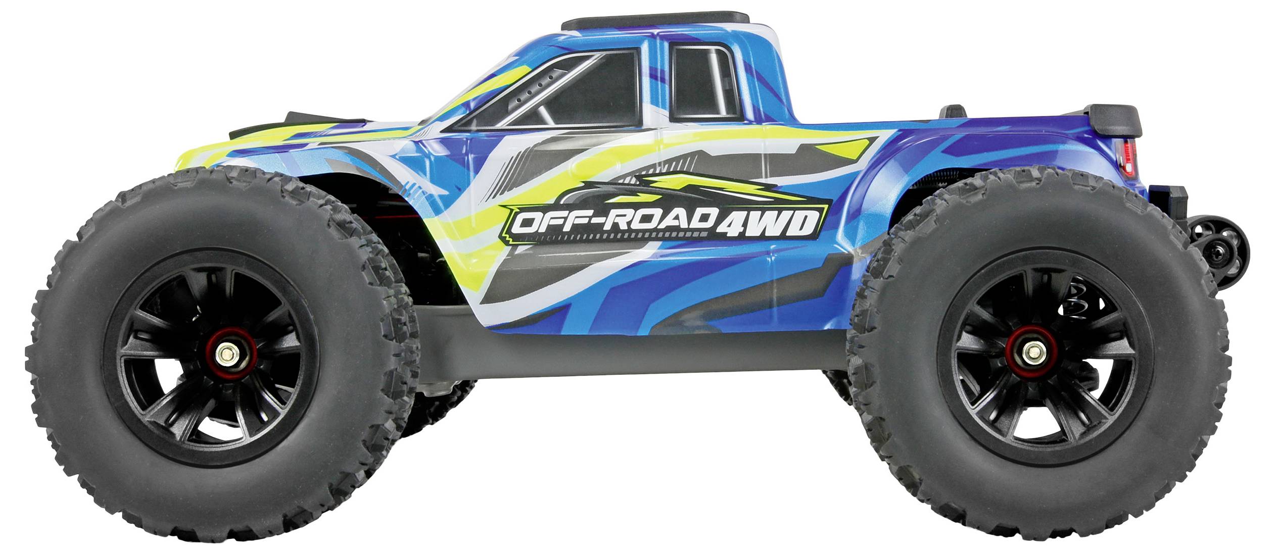 Camion RC tout-terrain bleu avec des pneus surdimensionnés et un autocollant « OFF-ROAD 4WD », montré en vue de profil sur fond blanc.
